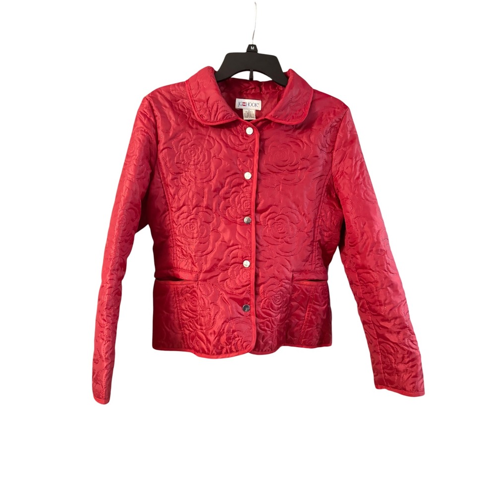 JG Hook Red Quilted Rose Floral Jacket Womens Medium Peter Pan Collar 54-0364-7